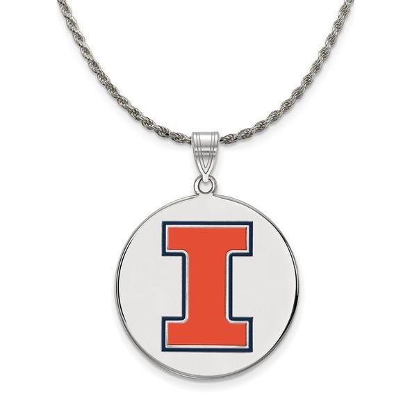 Sterling Silver U. of Illinois XL Enamel 'I' Disc Necklace - 20 In